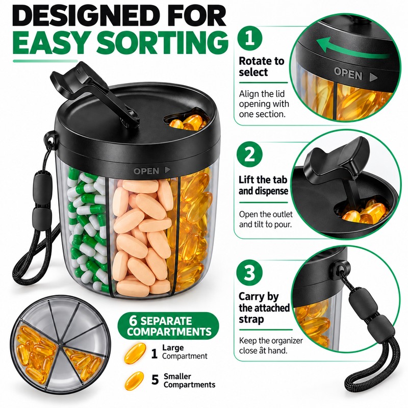 6 Compartment Pill Organizer with Rotating Lid Large Capacity Portable