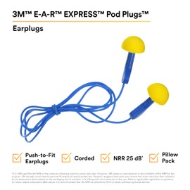 3M E-A-R EXPRESS Pod Plugs Ear Plugs 311-1114, Corded, Blue Grips, Pillow Pack, Pack of 100
