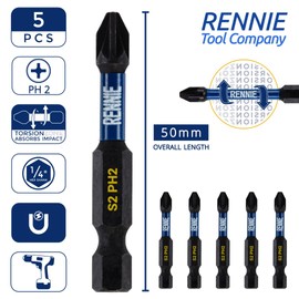 5 x Rennie Tools 50mm Long PH2 Impact Screwdriver Driver Bits Set. Magnetic Phillips No.2 Heavy Duty Impact Driver Bit Set. PH2 Bits. Hex Shank. Cross Head Impact Bits