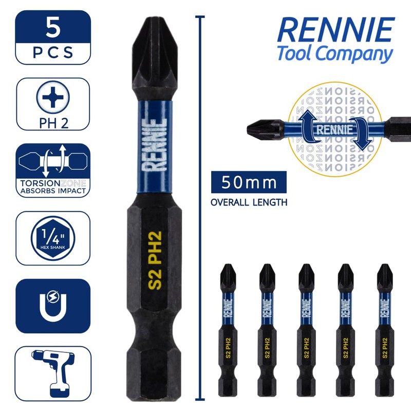 5 x Rennie Tools 50mm Long PH2 Impact Screwdriver Driver