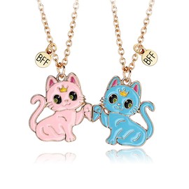 Saalort Best Friend Necklace for 2, Magnetic Sweet Cat Pendant Friendship BFF Birthday Gift for Women (Pink Blue)