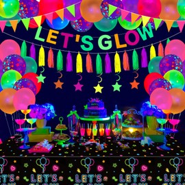 45 Pack Neon Party Accessories Glowing Party Decorations Let's Luminous Banner, Luminous Balloons, Neon Paper Tassels, Neon Triangle Flag Glow in the Dark Party Supplies
