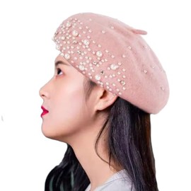 PURFANREE Women Girls Beaded Pearl Rhinestone Wool French Beret Hat Winter Artist Painter Hats Beanie Cap
