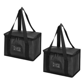 PATIKIL 11"x6.7"x7.9" Insulated Reusable Grocery Bags, 2 Pack Food Delivery Insulated Cooler Tote Bag with Zipper/Clear Card Slot Collapsible for Hot Cold Transport Shopping, Black