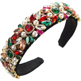 Rhinestone diadema acolchada Barroco Crystal Pearl adornado Hairbands Negro Terciopelo Joyería Cadena Hairband hecho a mano magnífico accesorios para el cabello para las mujeres (Multicolor, M)
