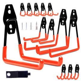 HANDYPRIME Garage Hooks 13 Pack Wall Mounted Grage Hooks Heavy Duty with Extension Cord Straps for Organizing Tools, Bikes, Ladders, and Ropes (Orange)