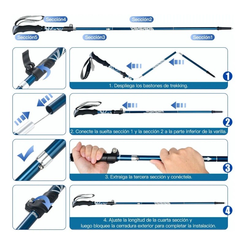 2 Bastón Trekking Plegable Ligero Senderismo Caminar Escalar Azul