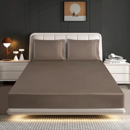 ROOEE Satin Silk Fitted Sheet with Pillowcase Set Breathable Soft Bedding Brushed Fabric Wrinkle, Shrinkage and Fade Resistant Bottom Bed Sheets (MINK, King)