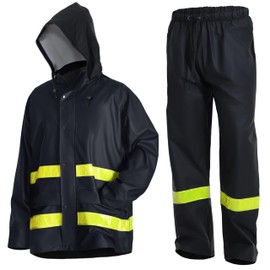 Men's PRO Workwear 3-Piece Waterproof Rain Jacket & Pants Set - Heavy Duty PU Eco-Friendly Hi-Vis Reflective Design(Reflective Black,Medium)