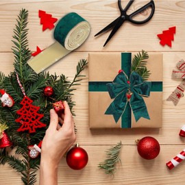 Green Velvet Ribbon, 2.5 Inch x 10 Yards Metallic Green Gold Wired Ribbon Christmas Ribbon for DIY Crafts Gift Wrapping Christmas Tree Bows Wreath Decorations