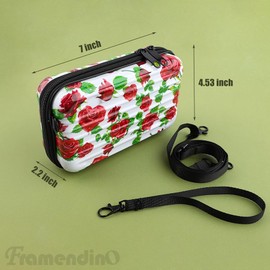 Framendino, Rose Pattern Hard Shell Cosmetics Case Carrying Hard Bag for Toiletry Mini Cross Body Bag with Detachable Grip Rope and Shoulder Strap