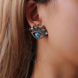 Cybche Gothic Sapphire Eye Earrings Gold Evil Eye Stud Earrings Turkish Eye Earrings Eye Crystal Earrings Eye Eyelashes Earrings Jewellery For Women, Zinc, No Gemstone