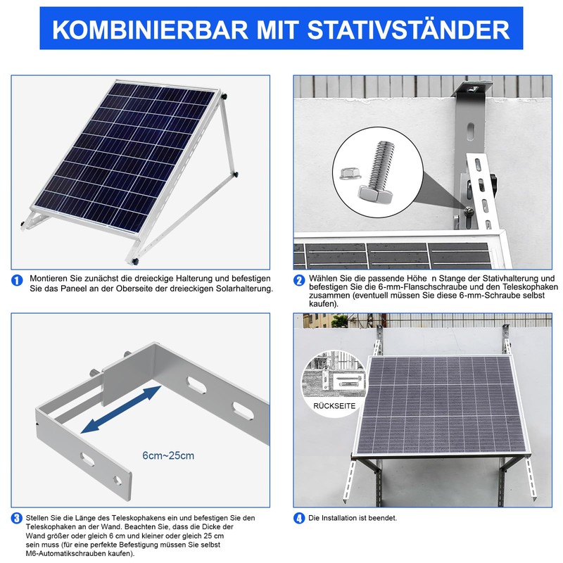 6-25 cm Set of 4 Adjustable Solar Panel Brackets with