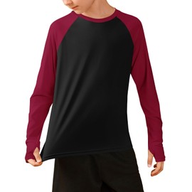 Boys Athletic Long Sleeve Raglan T-Shirts Kids Quick Dry Colorblock Tops with Thumb Holes Red