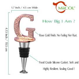 Miicol - Tapón para vino con letra inicial, metal martillado, regalo perfecto para vino, amplio utilizado en decoración de cocina, bar, fiesta de boda, elegancia y utilidad, chapado en oro rosa, letra (A a Z) G
