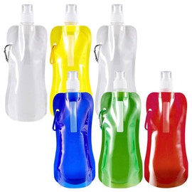 Gukasxi Pack of 6 Foldable Flexible Water Bottles, Reusable Water Bottles with Carabiner Hook, Water Pouch, Foldable Water Bottle for Outdoor Camping, Hiking, Adventure
