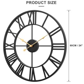 WGWART 24" Large Black Roman Numeral Wall Clock, Silent Battery Operated Big Metal Decorative Wall Clocks for Living Room Farmhouse