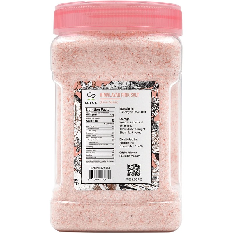 Soeos Himalayan Pink Salt, Fine Grain, 80oz (5 Pound), Non-GMO