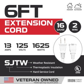 Iron Forge Cable 2 Prong Outdoor Extension Cord 6 ft - 16 Gauge 13 Amp Heavy Duty Power Extension Cords - SJTW - Great for Outdoor/Indoor Lights, Small Appliances, Leaf Blower - White