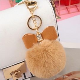 NICIFOAM Women Fuzzy Key Chain Faux Rabbit Fur Ball Keychain Pom Pom Key Chain with Bowknot Off White