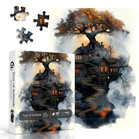 Fantasy Treehouse Puzzles for Adults 1000 Pieces, Nature Tree Art Jigsaw Puzzle with Forest Cottage, Sunset Sky, Dreamy Lake Aesthetic Puzzle, Hard Challenging Puzzle for Adults