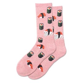 Hot Sox Women's Sushi Cat Sport Crew Socks, Pink Heather, 4-10