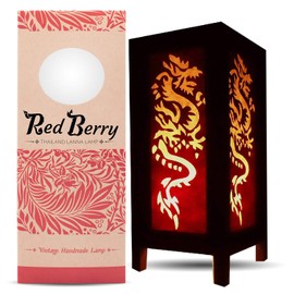 RED BERRY THAILAND LANNA LAMP - Vintage Asian Lamp with Fabric Square Lamp - Bedroom Nightstand, Desk, Living Room, Dorm White Dragon Red Floor (M0BW)