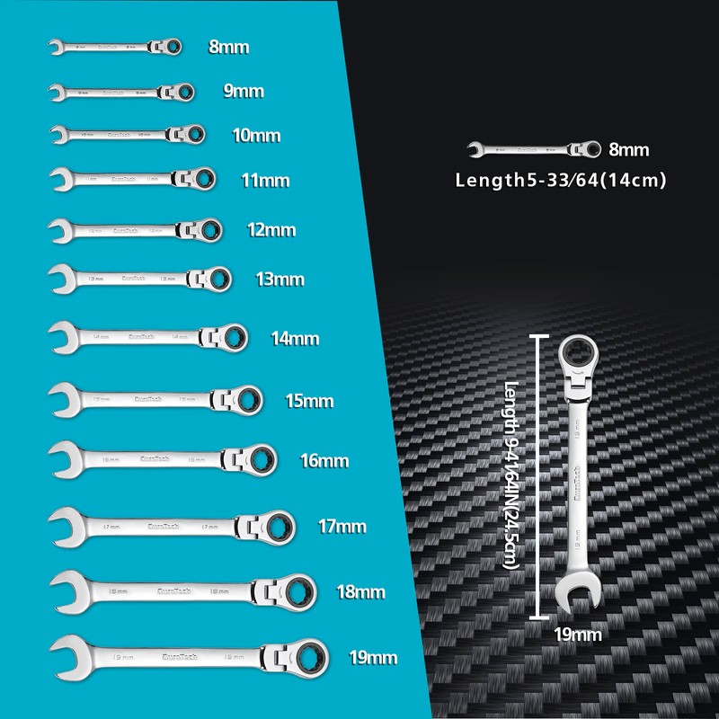 DURATECH 12-Piece Flex-Head Ratcheting Combination Wrench Set, 72-Tooth, Metric, 8-19mm,