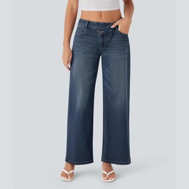 Halara Flex Asymmetric Low Rise Zipper Pockets Baggy Wide Leg Washed Casual Jeans#TikTokShopBacktoSchool:_Estate Blue Denim_regular_L(12-14)