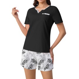 Amissz Women's Short Pyjamas with V-Neck Shorty Women Sleepwear Two Piece Pjs Sets Leisure Suit, black, S