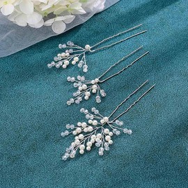 IYOU Bridal Wedding Hair Pins Silver Crystal Hair Pieces Pearl Headpieces Rhinestone Bride Hair Accessories for Women and Girls(Pack of 3)