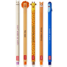LEGAMI LEGAMI Set mit 5 radierbaren Gelstiften mit thermoempfindlicher Radiertinte, verschiedene Tintenfarben und Schaftdesigns, 0,7 mm Spitze, Hase, Löwe, Giraffe, Corgi und Hai
