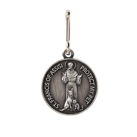 Silver Toned Saint St Francis Protect My Pet Collar Medal, 1 Inch