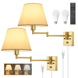 TRLIFE Dimmable Wall Sconce, Remote Control Dimming 10-100% and Adjustable Color Temperature 2700K-6500K Brushed Brass Swing Arm Wall Lights with Plug in Cord, 9.4" Medium White Shade(2 Pack, 2 Bulbs)