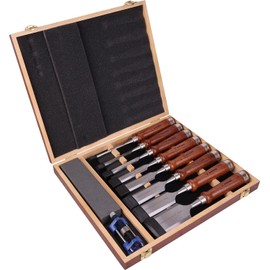 VANSORK 10-Piece Wood Chisel Set with Wooden Box for Woodworking, Honing Guide, Sharpening Stone, CR-V 60 Steel Beveled Edge Blade, Comfortable Walnut Handle