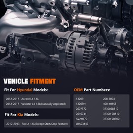 SINTLY 37300-2B510 Alternator Fit for Hyundai Accent 2012-2017, Veloster 2012-2017, Kia Rio 2012-2013, L4 1.6L, 12V 90A CW 6-Groove Pulley, Replace# 2607372, 13209, LRA03442