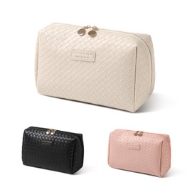 Cosmetic Bag Large Toiletry Bag Women's PU Leather Travel Makeup Bag Make Up Bag Waterproof Portable Makeup Bag Organiser with Zip (White Large), beige
