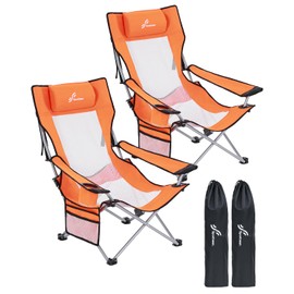 Sportneer Beach Chair: Adjustable Folding Chair with Cup Holder & Side Pocket - Portable & Compact Beach Chairs for Adults with Reclining Positions for Camping Picnic and Outdoor, Orange 2 Pack