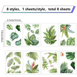CRASPIRE Green Tropical Leaves Wall Decal 8 Sheets Nature Palm Tree Leaf Plants Waterproof Removable Vinyl Wall Art for Classroom Bedroom Living Room Decorations