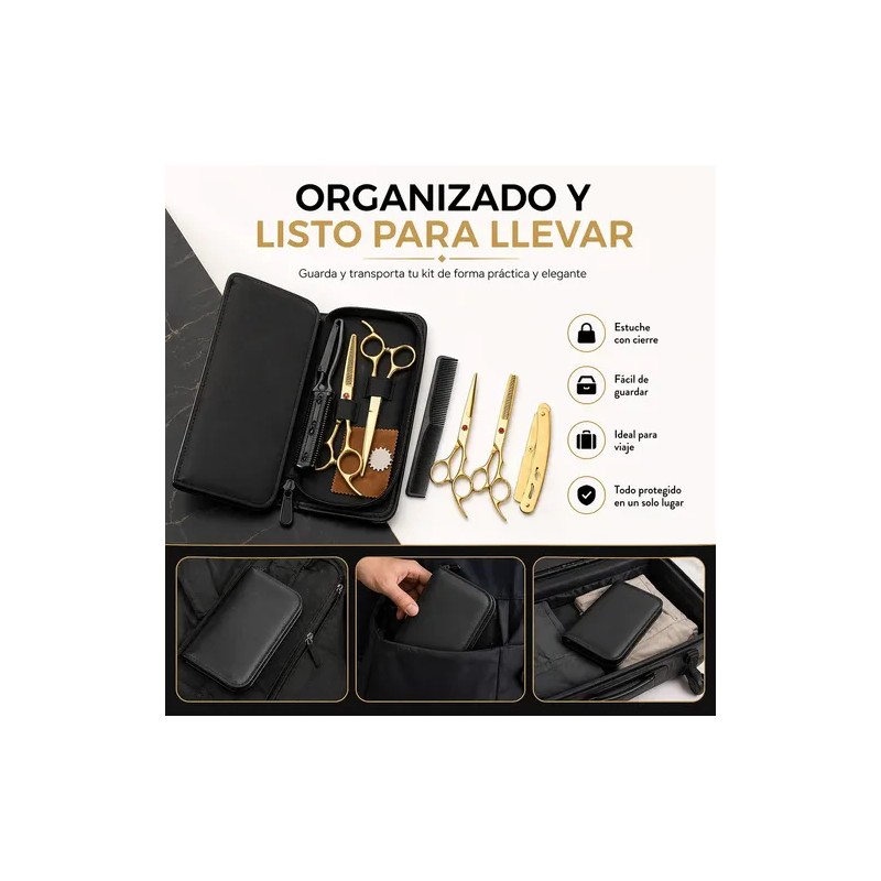 Tijeras Doradas De Barberia Y Kit 8 Pzas Cortar Cabello
