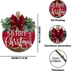 Merry Christmas Hanging Sign for Front Door, Wooden Wreaths Sign with Christmas for Holiday Rustic Farmhouse Outdoor Wall Window Decor