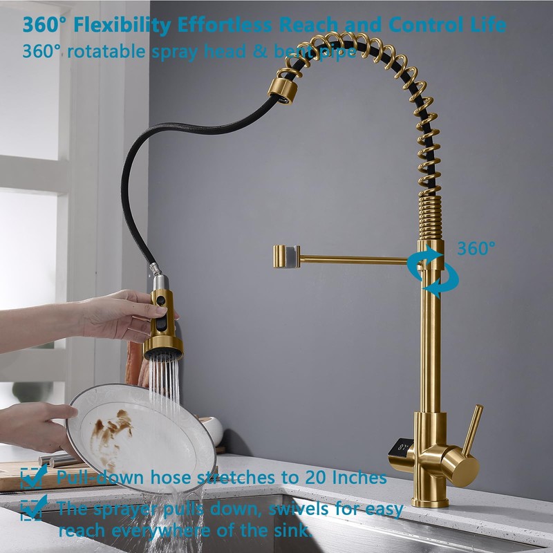 GICASA Kitchen Faucet with Temperature Digital Display, 304 Stainless Steel