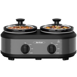 SUNVIVIPRO 2 * 1.25 Quarts Dual Slow Cooker, Buffet Server & Warmer with 2 Removable Ceramic Pots, 3 Adjustable Temp Settings & 2 Visible Glass Lids, Stainless Steel, Grey