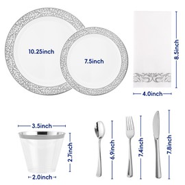 𝟐𝟏𝟎 Count Silver Plastic Dinnerware, Silver Disposable Plates, Includes 30 Dinner & 30 Dessert Plates & 30 Cups & 30 Paper Napkins & 30 Plastic Silverware Set