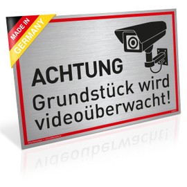 Sign Achtung Grundstück wird videoüberwacht! | Aluminium 30 x 20 cm | Sturdy Aluminium Sign with UV Protection | Brushed Silver Elegant Look | Video Surveillance Camera Surveillance Dreifke®
