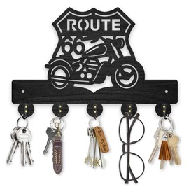 MAYJOYDIY Wooden Route 66 Motorcycle Key Holder for Wall 11.8x7.8inch Cool Motorcycle Road Sign Key Rack Trail Bike Coat Hat Hook 5 Alloy Hooks for Gift Entryway Front Door Hallway Wall Art Decor