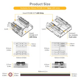 SEZO 4PIN 10mm COB LED Light Strip Connectors COB CCT&COB RGB Light Strip Connectors Kit 12PCS 4PIN 10mm Transparent Unwired Strip to Wire Connectors