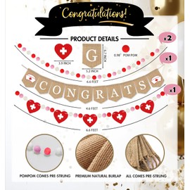 Congrats Burlap Banner Nurse Party Decorations Graduation Party for RN with Pre-Strung Burlap Congrats Banner, Pom Pom Ball Garland Rustic Vintage Graduation Decorations for Nurse School College