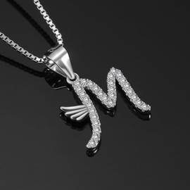 B.Catcher Women Necklaces Cubic Zirconia Jewellery, Initial Pendant S925 Sterling Silver Alphabet Necklace(Wing M)