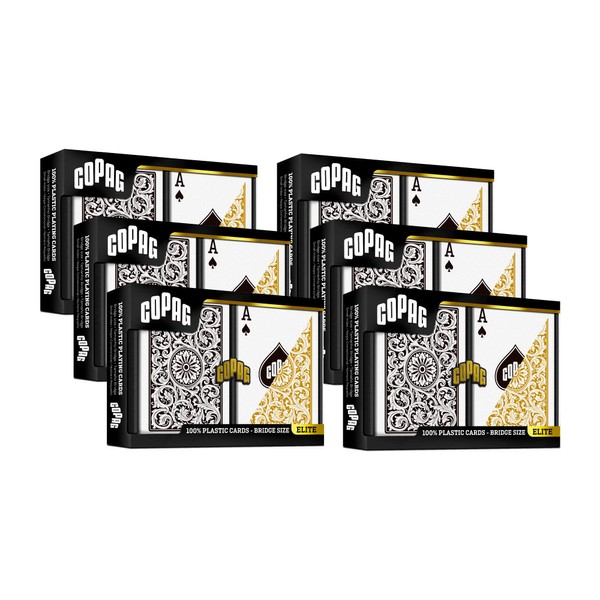 Copag 1546 Design 100% Plastic Playing Cards, Bridge Size Black/Gold (Standard Index, 6 Sets)